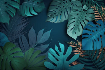 Background of tropical leaves in the colors , green, blue and turquoise, on a dark background, Generative AI