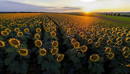 Obraz premium Sunflower field during sunset, generative ai