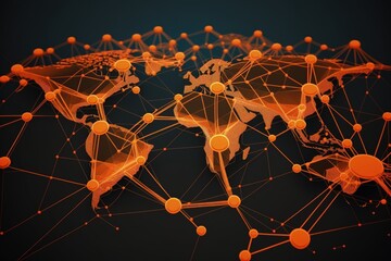 Global map illustration with network contacts, orange background. Generative AI