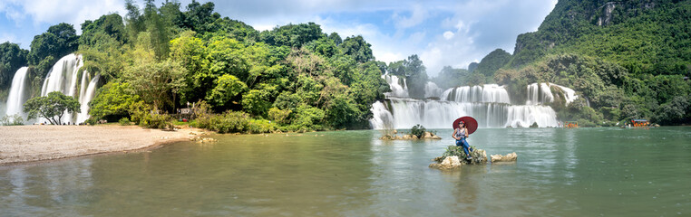 Ban Gioc Waterfall, Cao Bang Province, Vietnam - View panorama of Ban Gioc Waterfall on a sunny...