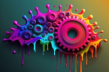 Illustration of colorful gears and dripping paint, colorful background. Generative AI