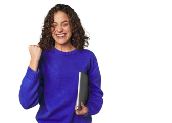 Happy caucasian woman holding a laptop and celebrating a good new