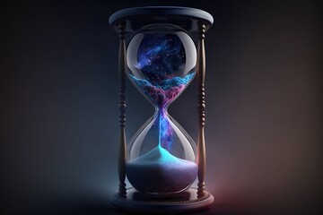 Hourglass illustration with galaxy and nebula inside, black background. Generative AI