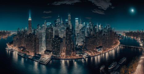 Naklejka premium Night skyline of Manhattan, New York City. Generative AI