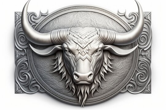 Silver emblem, head of a bull, white background, stock exchange concept. Generative AI © Deivison