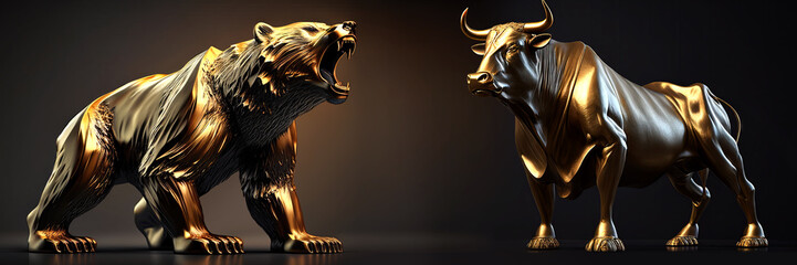 Golden bull and bear market statues with dark background and copy area. Bull versus bear. Generative AI