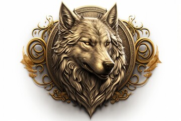 Golden wolf emblem illustration, white background. Generative AI