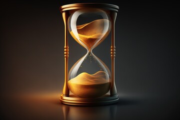 Golden hourglass illustration, dark background, time concept. Generative AI