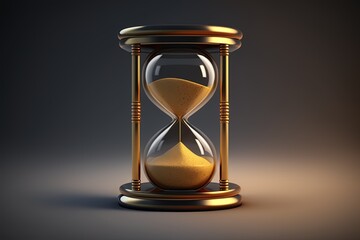 Golden hourglass illustration, dark background, time concept. Generative AI