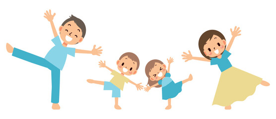 両手を広げて片足立ちしている笑顔の４人家族のイラスト