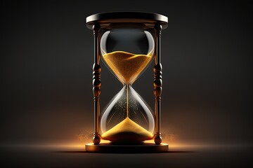 Golden hourglass illustration, dark background, time concept. Generative AI - obrazy, fototapety, plakaty