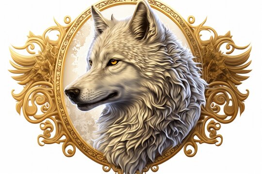 recommend clip art: Golden wolf emblem illustration, white background. Generative AI