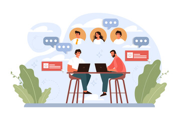 Brainstorming or discussion. New idea generation in a team cooperation.