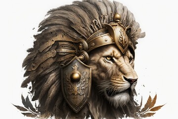 Obraz premium Lion head illustration with spartan helmet, white background. Generative AI
