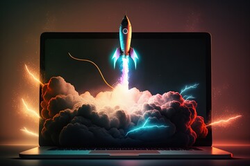 Illustration of rocket taking off from laptop screen, black background with lightning and neon lights. Generative AI