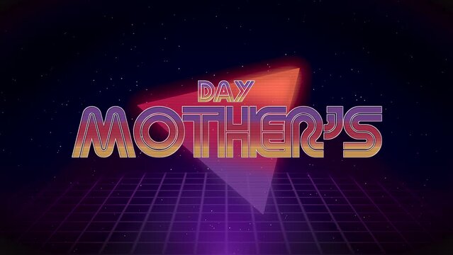 Mothers Day with retro neon triangle and stars in galaxy, motion abstract holidays, retro and business style background