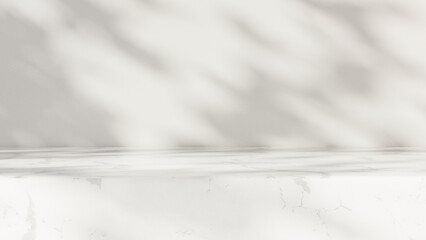 Minimal empty white marble counter table top in sunlight and tree leaves shadow on white wall background for beauty treatment product display, 3D render