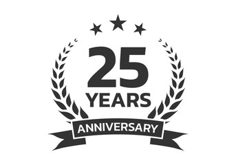25 years anniversary laurel wreath logo or icon. Jubilee, birthday badge, label or emblem. 25th celebration design element. Vector illustration. - obrazy, fototapety, plakaty