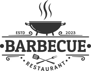 Barbeque logo. BBQ icon or label. Grill bar, restaurant, steak house vintage badge design with grill fork and spatula. Vector illustration.