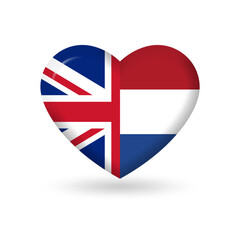 Netherlands or Holland and UK heart flags. 3d icon. Round British and Dutch national symbols. Vector illustration.
