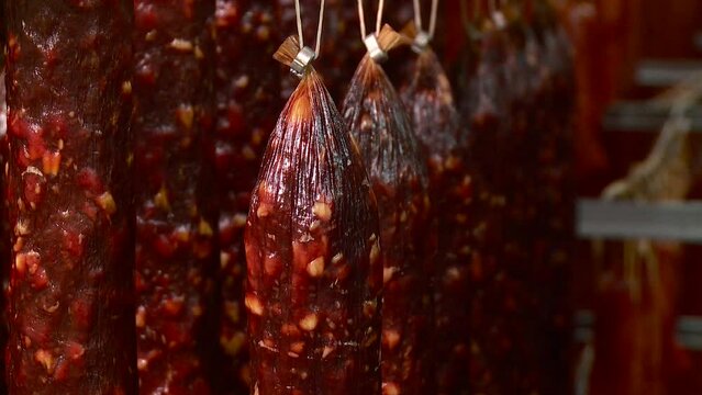 meat processing plant warehouse of smoked sausage