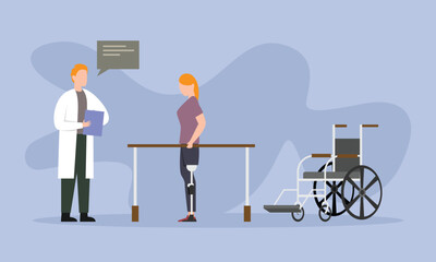 Doctor helps female patient with prosthesis 2d vector illustration concept for banner, website, illustration, landing page, flyer