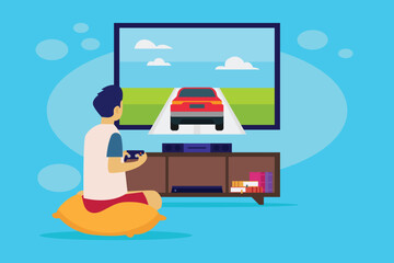 Gaming addiction - Boy playing car race video game 2d vector illustration concept for banner, website, illustration, landing page, flyer - obrazy, fototapety, plakaty