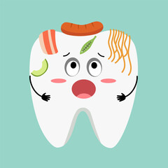 Dirty tooth cartoon character with food that damage teeth in flat design. Dental care. Dental illness. Oral hygiene concept.