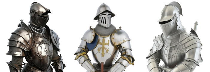 Generative AI illustration of different medieval knight armor - obrazy, fototapety, plakaty