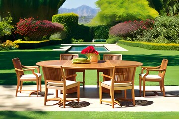 teak oval table with stacking arm chairs, set on a green lawn with a garden backdrop and a blue sky (AI Generated)