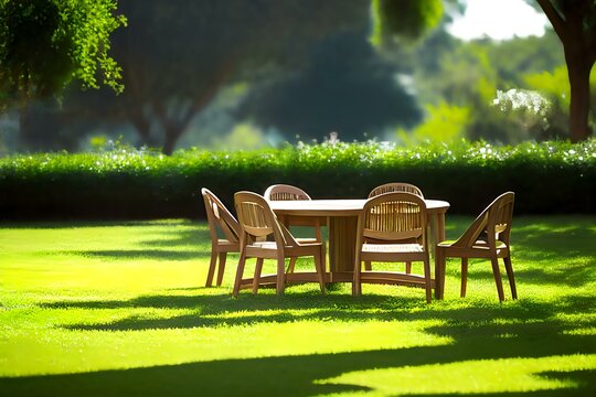teak oval table with stacking arm chairs, set on a green lawn with a garden backdrop and a blue sky (AI Generated)