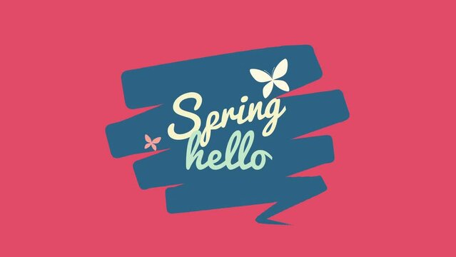 Hello Spring with butterfly on fashion red gradient, motion holidays, promo and spring style background