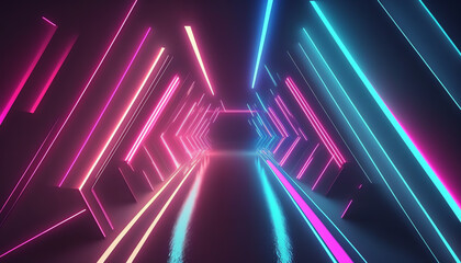 Fototapeta na wymiar Abstract neon lights tunel background with pink and blue laser rays, glowing lines, 3d render