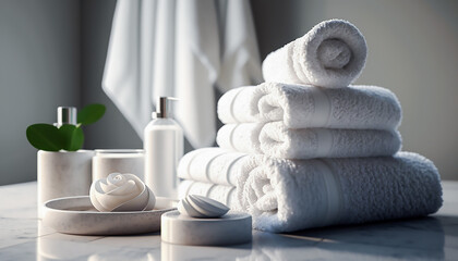 Obraz na płótnie Canvas Pile of towel on bathtub, spa concept, Generative ai