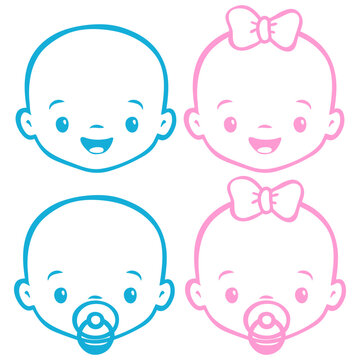 Set de caras de beb&eacute;s con sonrisa y chupetes en color azul y rosa
