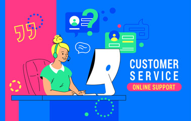 Customer support and live assistant of a professional agent. Flat vector illustration of smiling woman wearing headphones sitting at work desk and providing online assistance in the call center