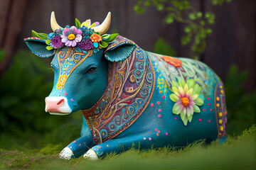 Obraz premium A cow generative ai illustration in boho style, featuring vibrant colors and intricate patterns. Perfect for bohemian home decor, art prints, or greeting cards