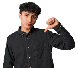 Young latin man having a head ache, touching front of the face.