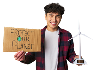 Man holding a sign saying 'Protect our planet' with a hopeful expression.