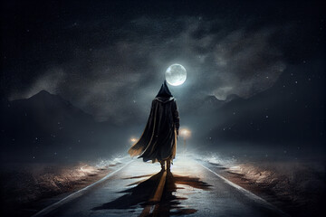 Fototapeta na wymiar A man in a dark raincoat walks along a moonlit road. AI generated