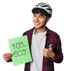 Young man with an Eco-friendly message delivered with a smile.