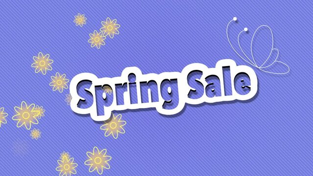 Spring Sale with flying shiny flowers and butterfly on blue gradient, motion holidays, promo and spring style background