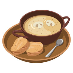 Mushroom soup puree. Mushroom puree soup on a tray with bread. Vector