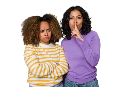 Two female friends isolated in studio with fingers on lips keeping a secret.