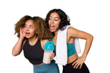 Two best friends are ready to go to the gym, one of them holds a protein shake, trying to listening a gossip.