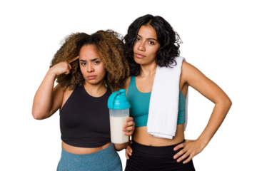 Two best friends are ready to go to the gym, one of them holds a protein shake, pointing temple with finger, thinking, focused on a task.