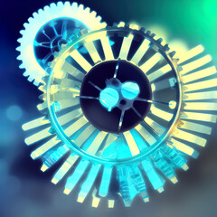 A simple abstract retro-futuristic mechanical engineering background with fantastically shining parts of mechanisms and gears.