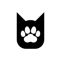 Cat head with paw print. Vector logo and icon. Black silhouette.