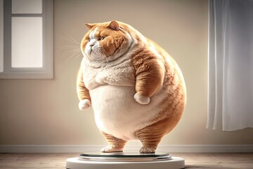 Fat Cat standing on the scales in a bright room. AI generated - obrazy, fototapety, plakaty