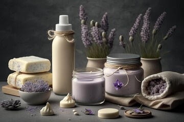 Fototapeta na wymiar Natural cosmetics prodict with lavender. Composition with bottles of essential oils, soap, and jars of cream on the table. AI generated